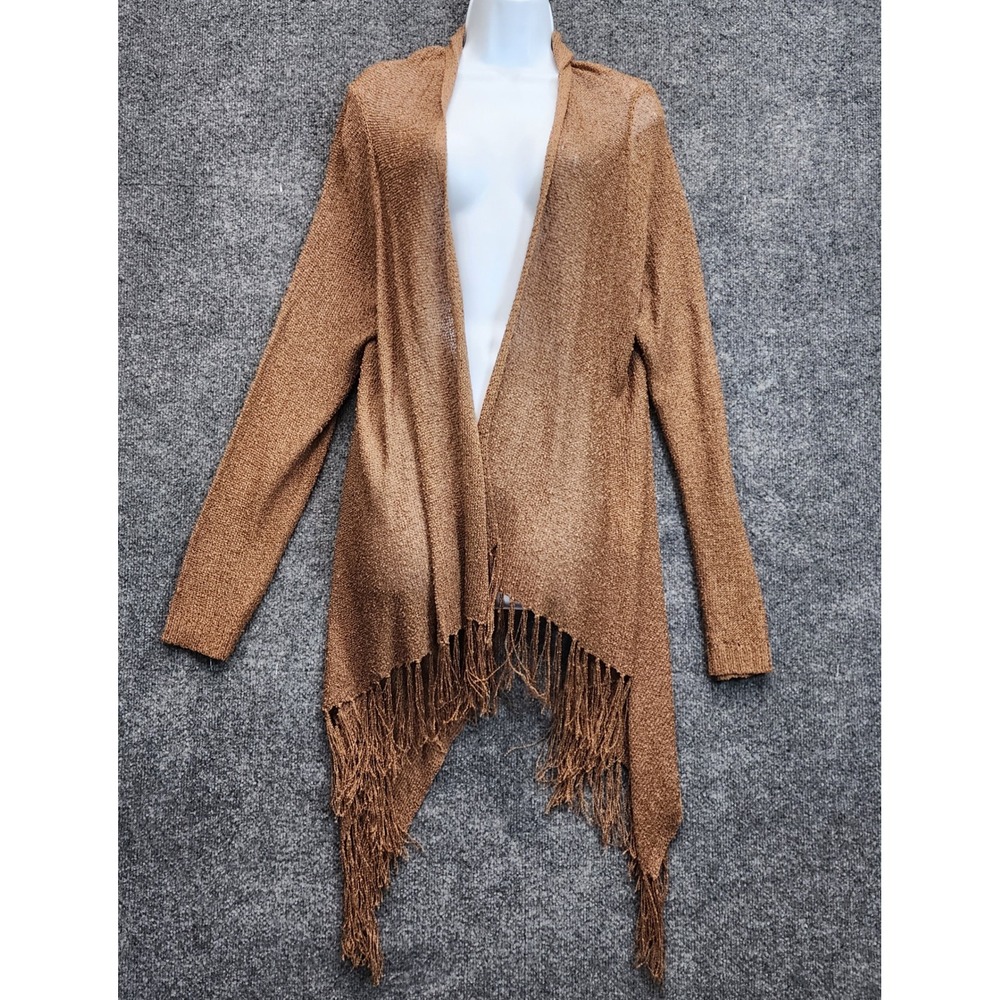 Chico's Fringed Open Front Cardigan Women M/L Brown Boho Western Drape Knitwear